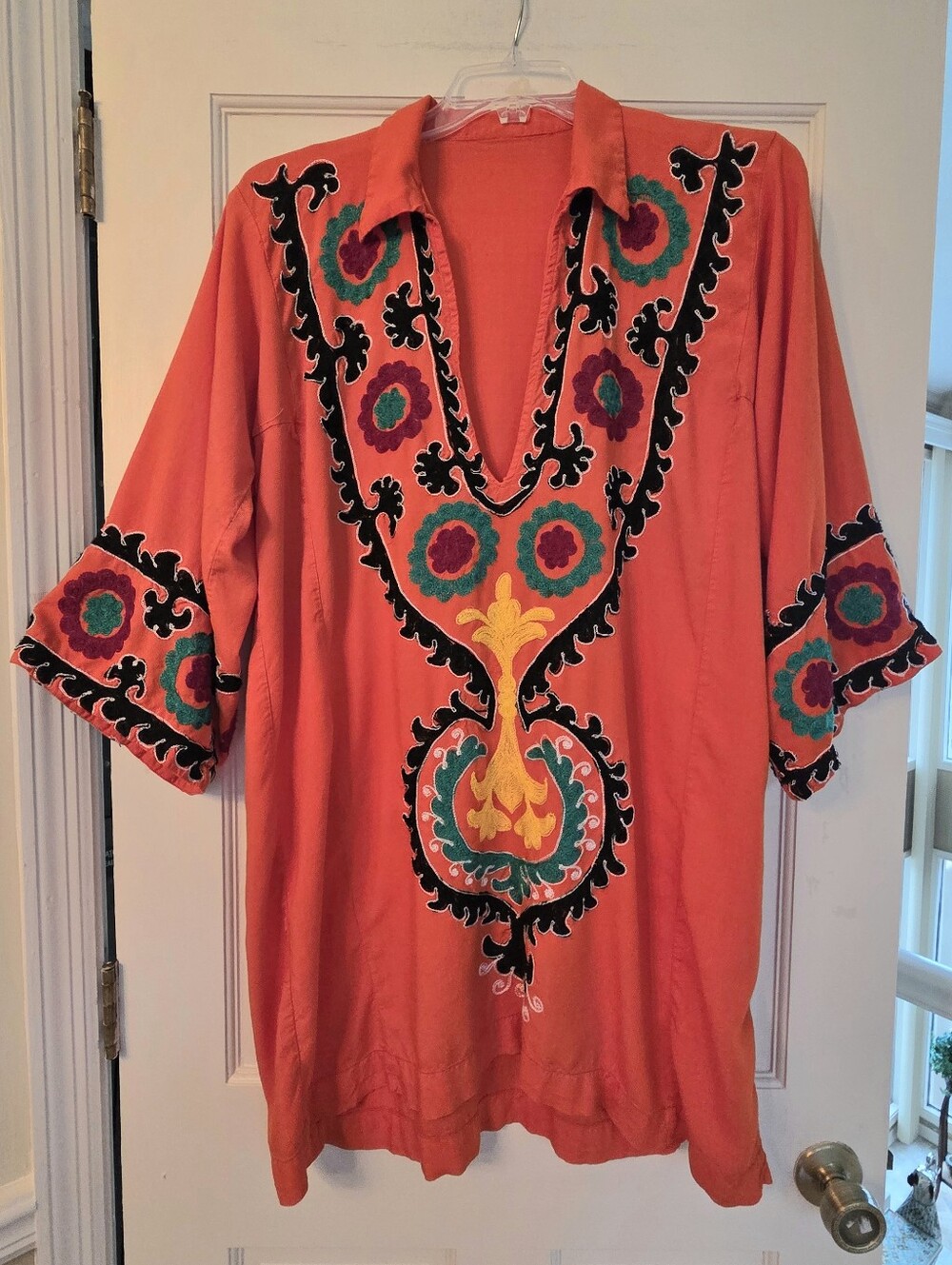 1970s Boho Hippie Embroidered Caftan Suzani Uzbek Kaftan House Dress Orange